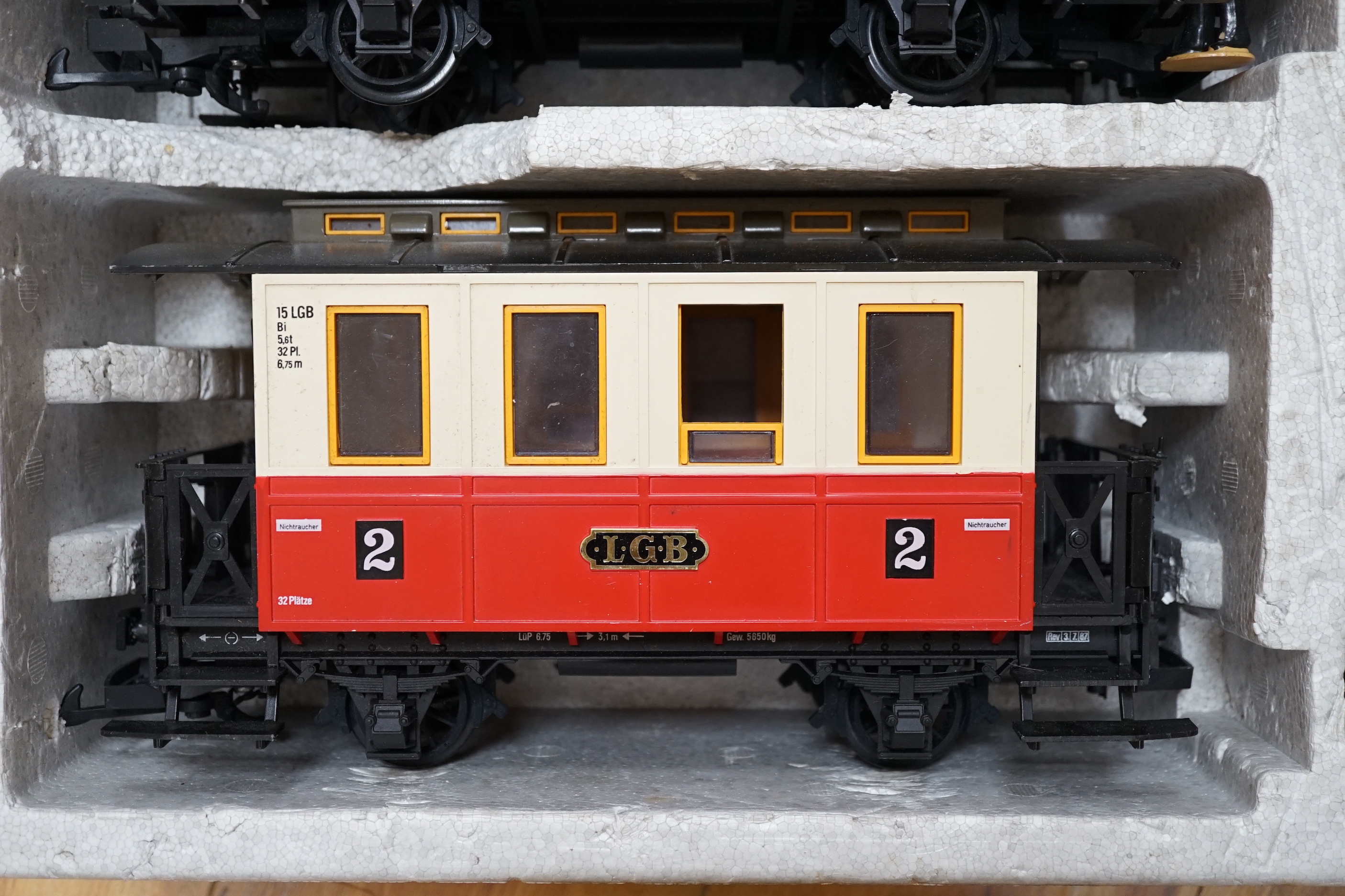 An LGB by Lehman 45mm passenger train set, comprising an 0-4-0T locomotive, two coaches, track and accessories